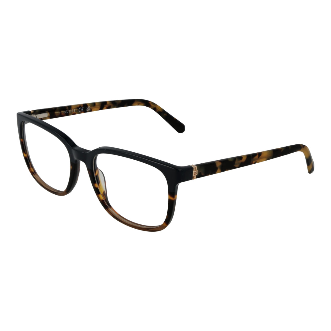 Black and tortoiseshell brown square eyeglasses in plastic with clear lenses and gold temple accents, front and side view.
