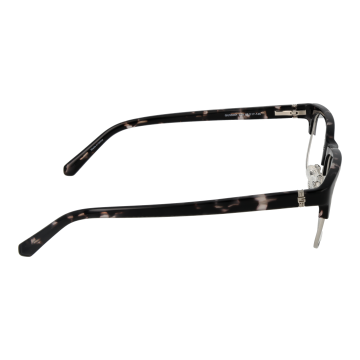 Unisex black and beige tortoiseshell semi-rim eyeglasses with rectangular lenses and metal nose pads