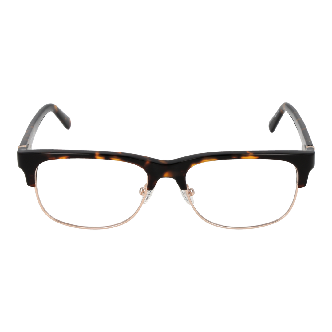 Unisex tortoise-pattern semi-rimless eyeglasses with gold metal temples and rectangular lenses on white background