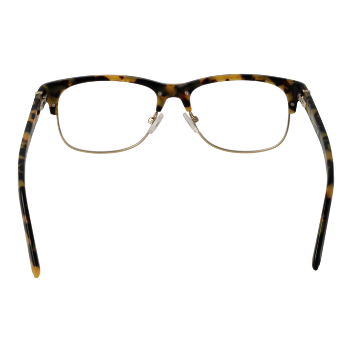 Unisex tortoise-pattern semi-rimless eyeglasses with plastic upper and metal lower rims, adjustable nose pads