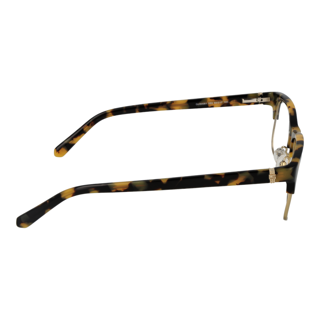 Unisex tortoise-pattern semi-rimless eyeglasses with plastic upper and metal lower rims, adjustable nose pads