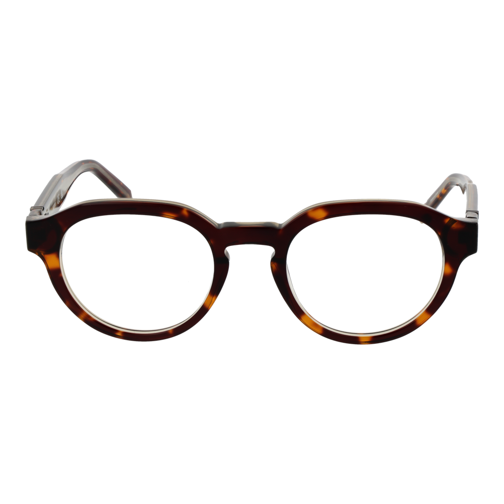 Unisex tortoiseshell round eyeglasses in plastic with metal 'G' hinge, warm brown pattern, front view