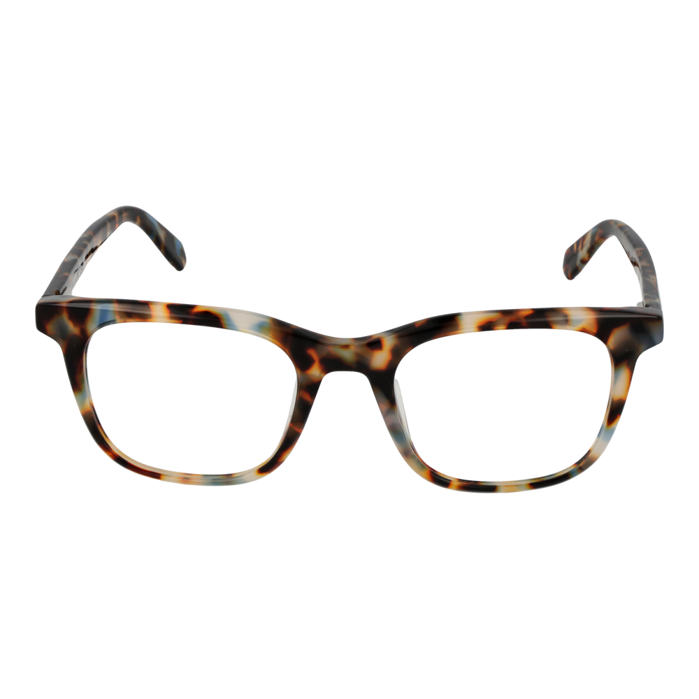 Unisex tortoiseshell rectangular full-rim eyeglasses in brown, black, and beige with curved temples