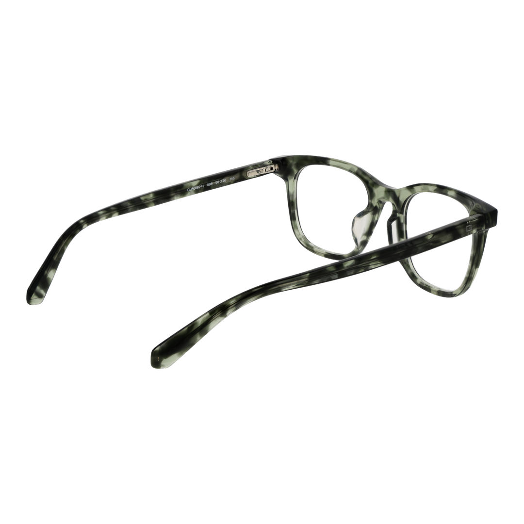Unisex green and black tortoiseshell full-rim rectangular eyeglasses in plastic frame, modern design, front view