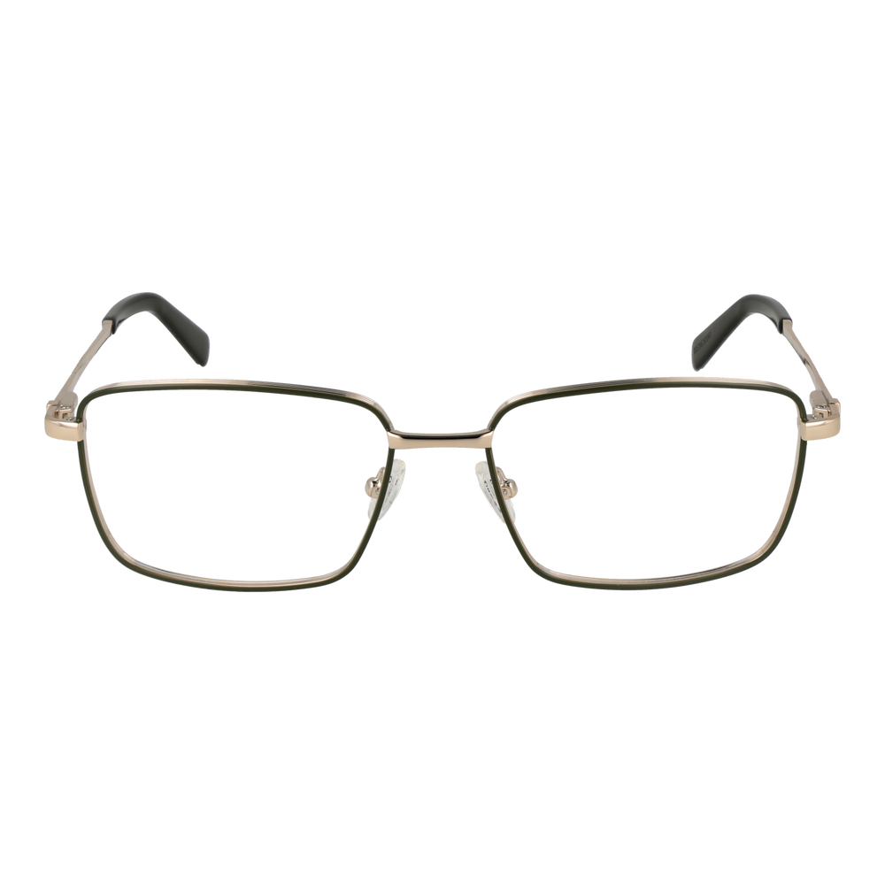 Unisex gold metal rectangular eyeglasses with thin frame, black temple tips, and adjustable nose pads