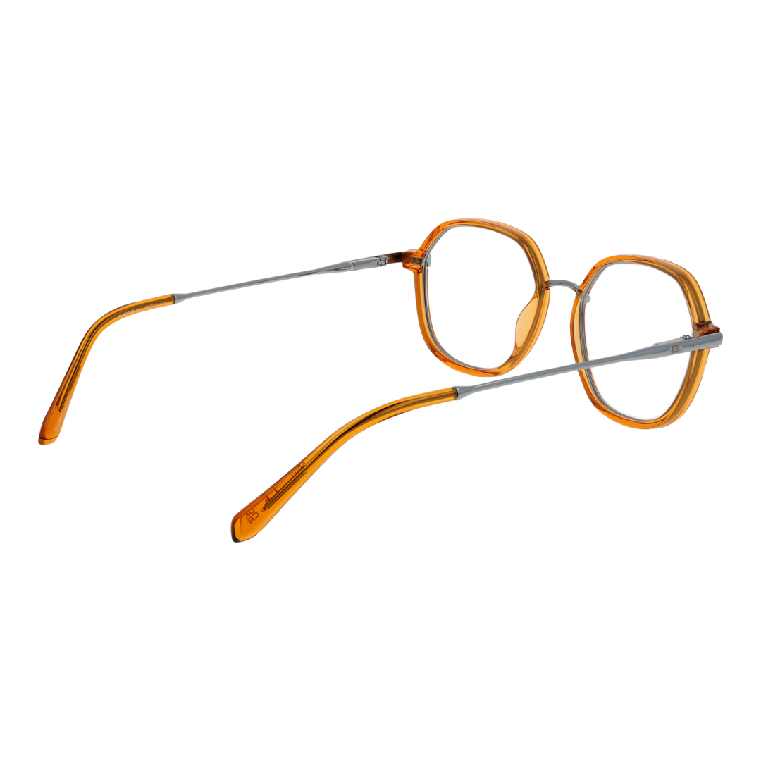 Unisex amber round eyeglasses with plastic front and thin silver metal temples on neutral background