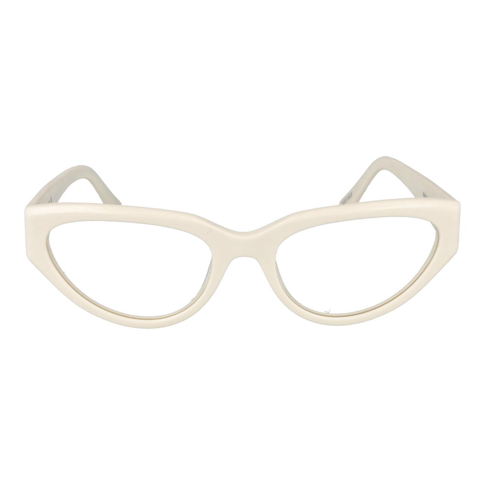 Off-white plastic cat-eye eyeglasses for Women with upswept frames and logo temples, shown three-quarter view.