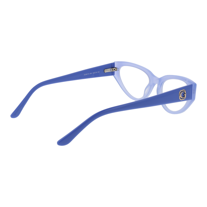 Blue plastic cat-eye eyeglasses for Women with decorative logo on temples, front and side view