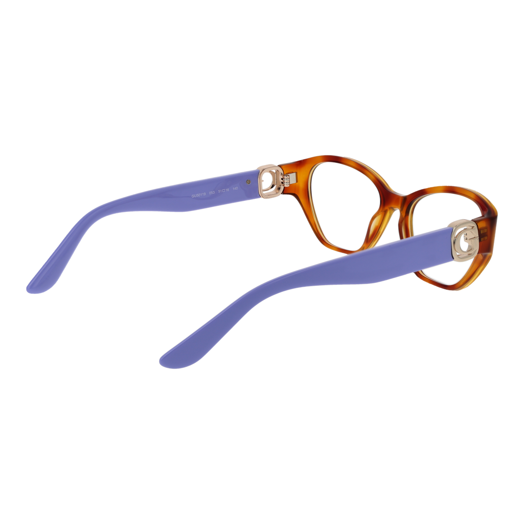 Brown and purple plastic cat-eye eyeglasses with gold &
