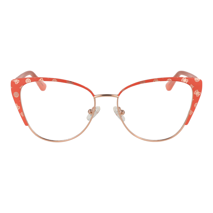 Red patterned cat-eye eyeglasses with rose-gold temples and adjustable nose pads on white background