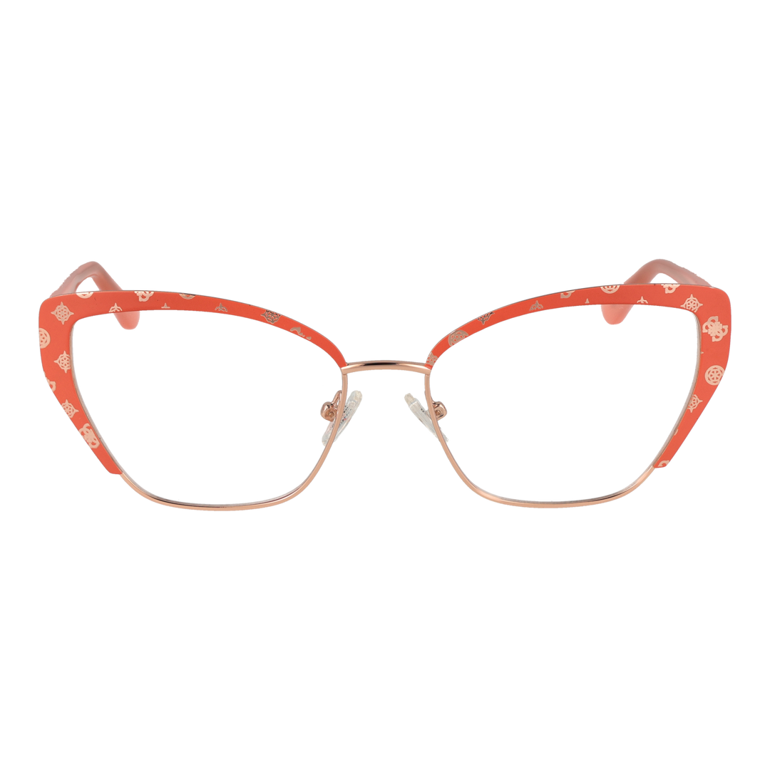 Orange and rose-gold patterned cat-eye eyeglasses in metal and plastic with adjustable nose pads