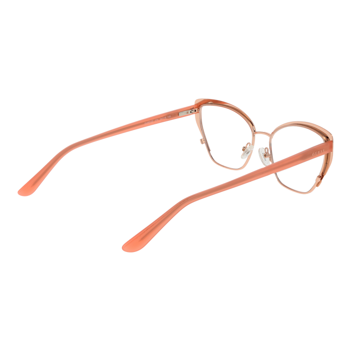 Orange and rose-gold patterned cat-eye eyeglasses in metal and plastic with adjustable nose pads