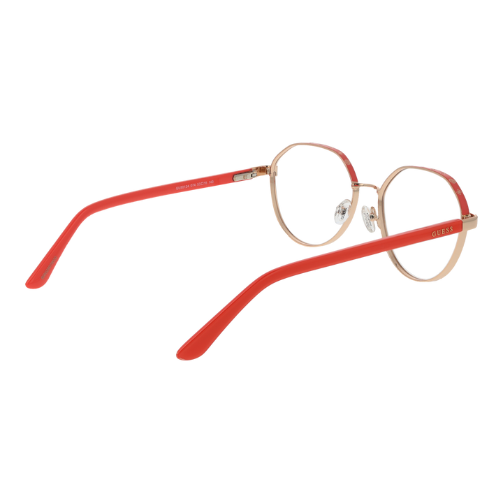 Gold metal round eyeglasses with red plastic temple tips, adjustable nose pads, modern slim frame for Women