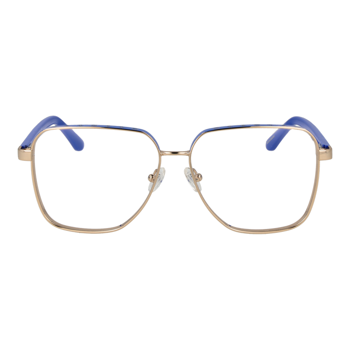 Unisex gold metal rectangular eyeglasses with blue lenses, adjustable nose pads and plastic temple tips