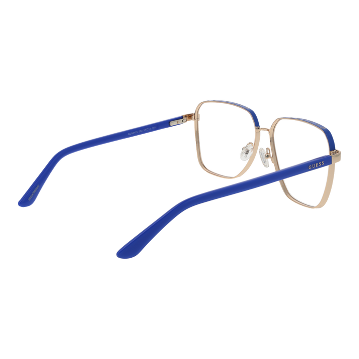 Unisex gold metal rectangular eyeglasses with blue lenses, adjustable nose pads and plastic temple tips