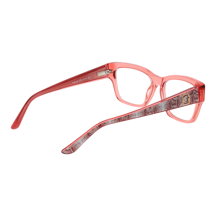 Transparent pink square eyeglasses in plastic with visible temple logo detail on a neutral background