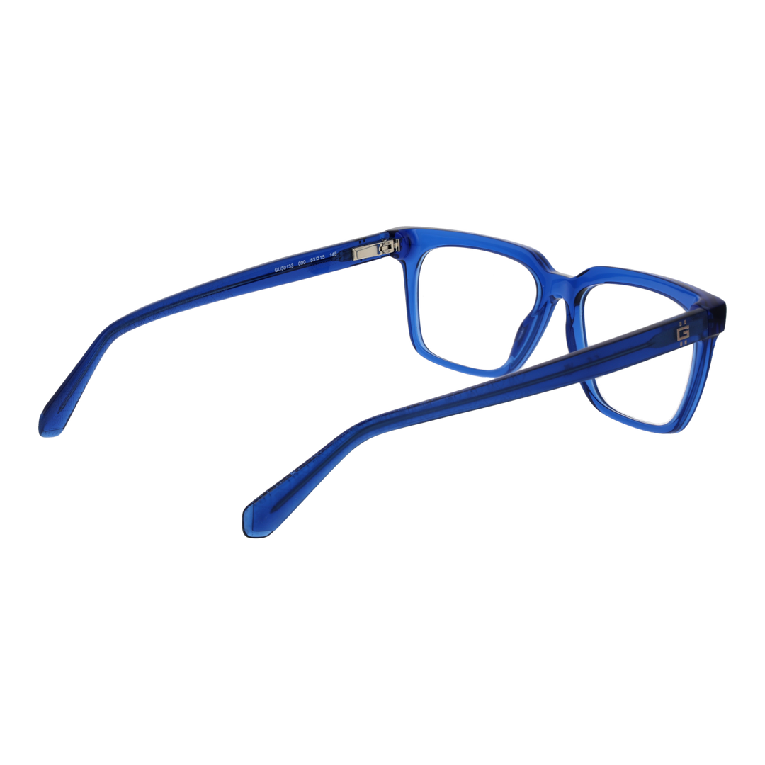 Transparent blue plastic rectangular eyeglasses with clear lenses and Guess logo on temple, modern unisex design
