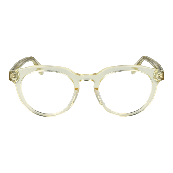 Unisex transparent yellow round eyeglasses in clear plastic frame showing round lenses and metal hinges on temples