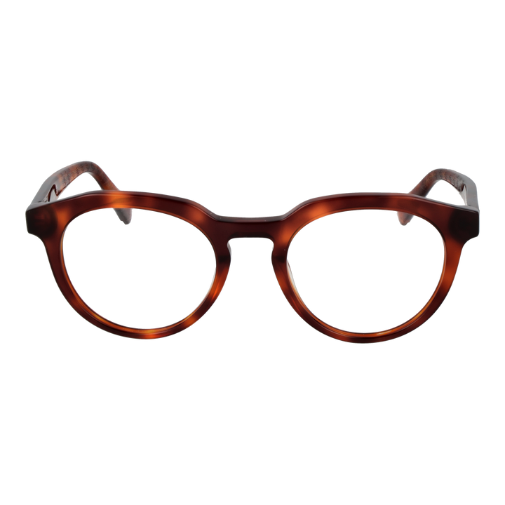 Unisex brown tortoiseshell round eyeglasses full-rim plastic frame with gold logo on temple