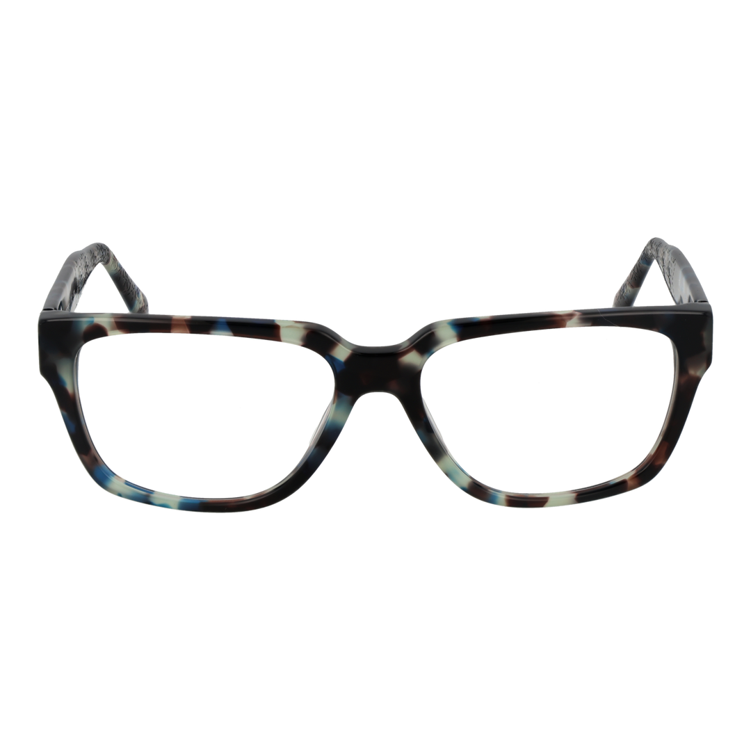 Unisex multicolor tortoiseshell rectangular eyeglasses in plastic frame, black brown blue white pattern