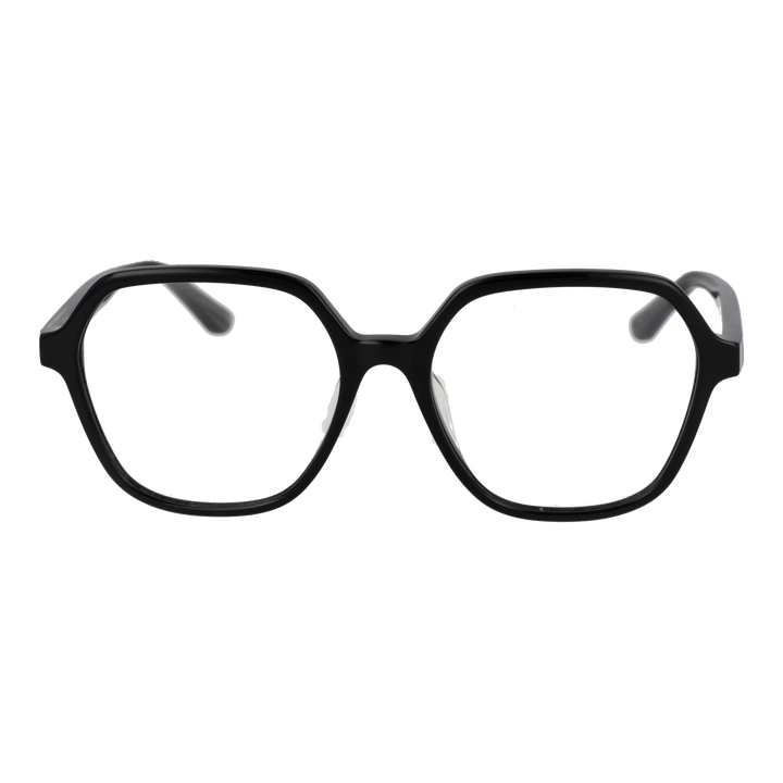 Unisex black geometric plastic eyeglasses with gold symbols on temples, modern angular frame visible from front