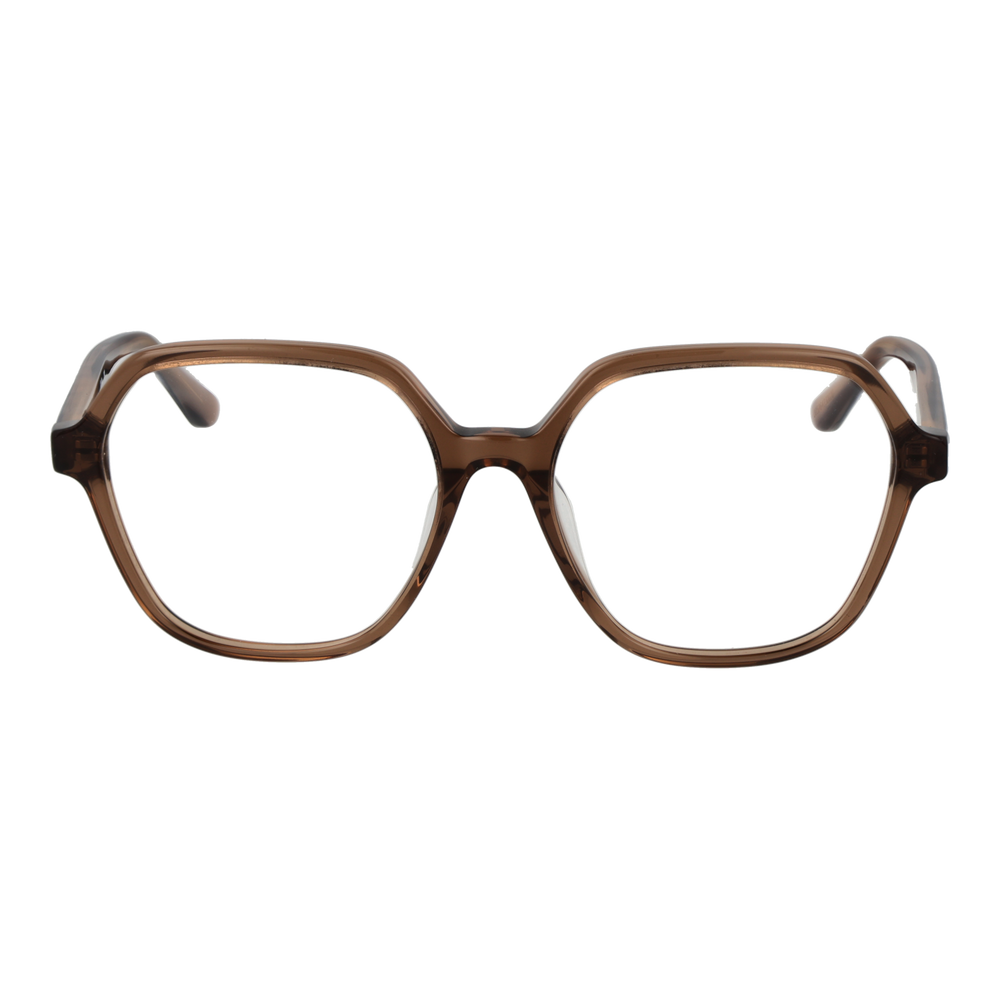 Brown geometric plastic eyeglasses with gold decorative temple symbols, clear lenses, retro-inspired shape