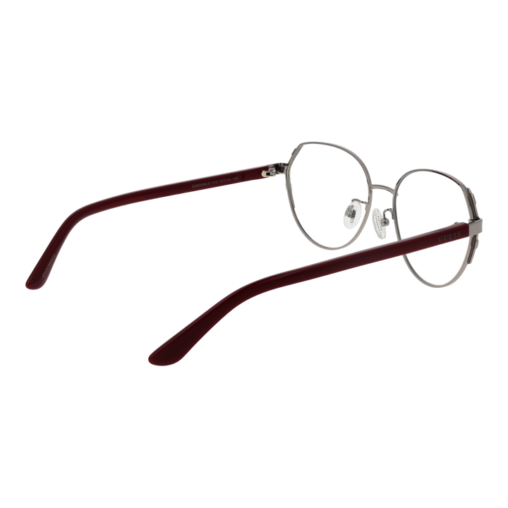 Unisex silver round eyeglasses with thin metal frame and dark red acetate temple tips, adjustable nose pads