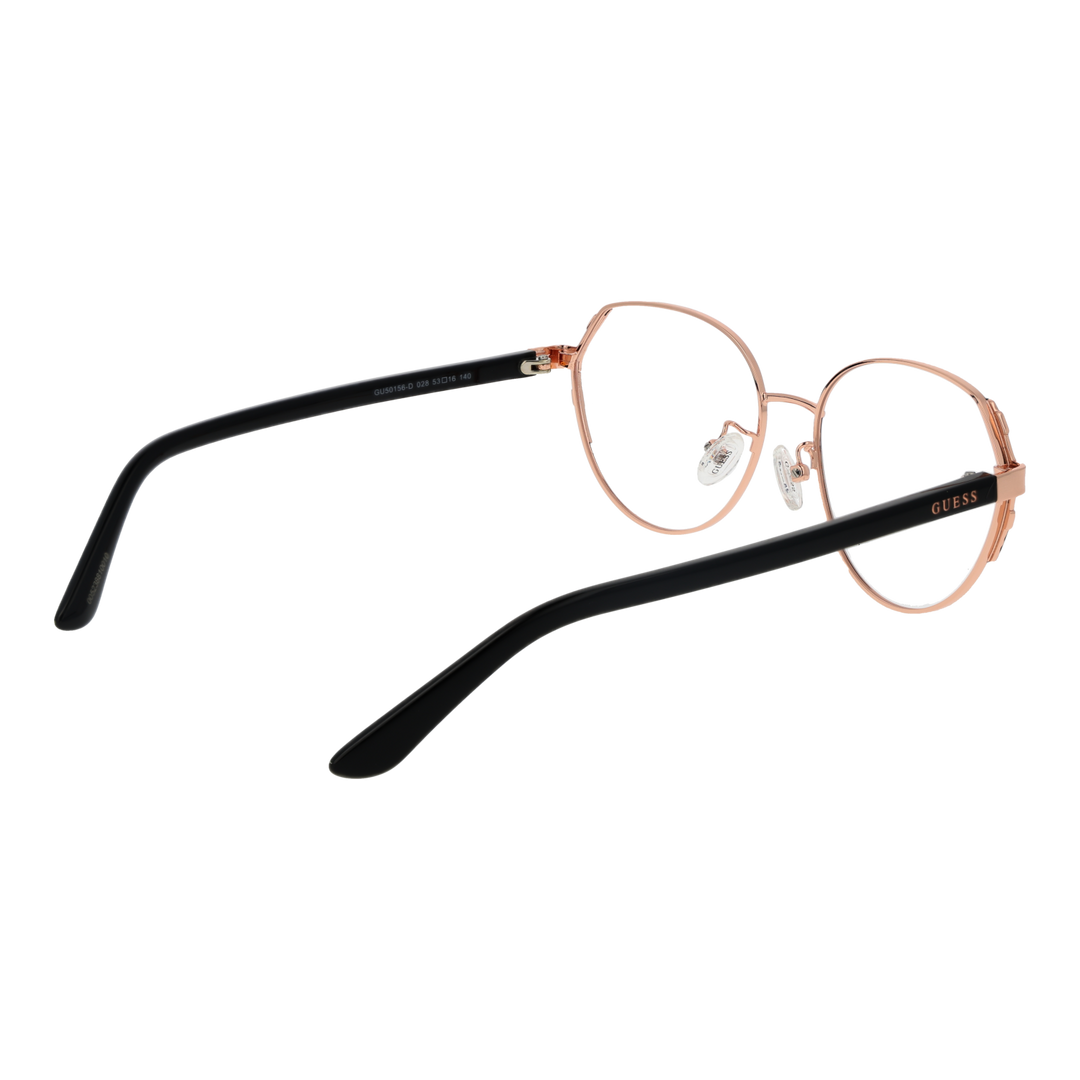 Rose gold thin metal round eyeglasses with black plastic temple tips on white background, minimalist modern design