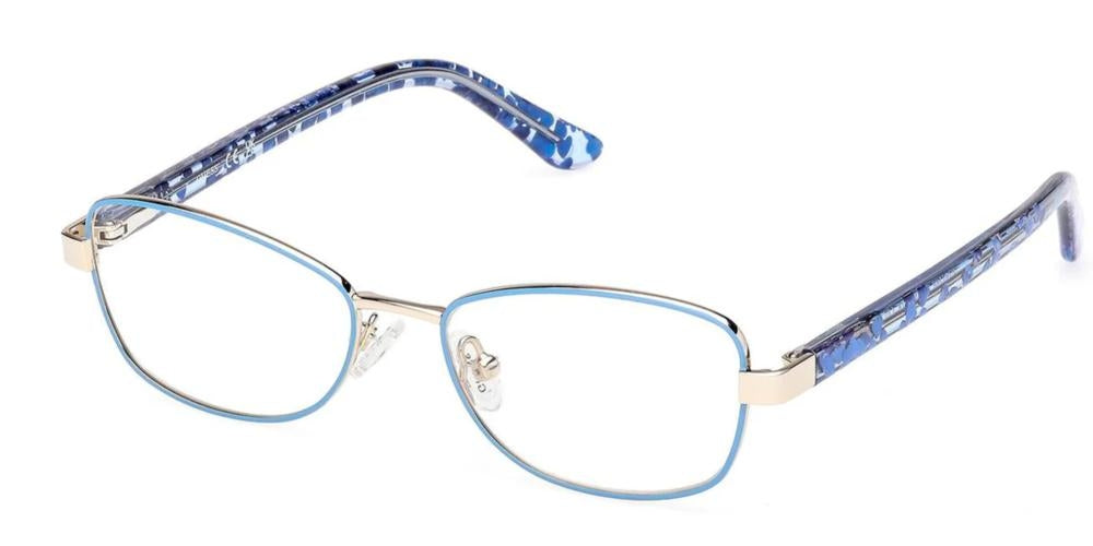 Blue semi-rimless eyeglasses with rectangular lenses and silver bridge, patterned blue plastic temple arms.