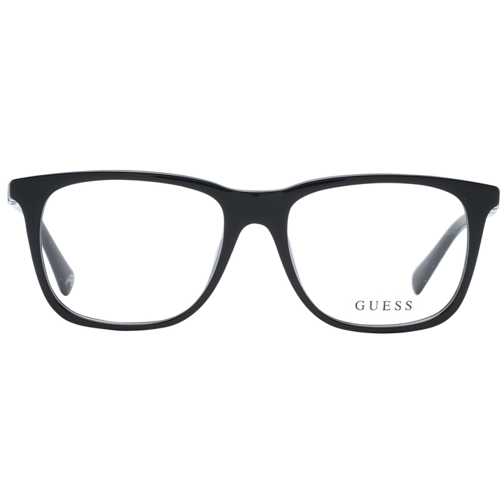 Black full-rim rectangular Unisex eyeglasses in plastic with logos on lens and temples on white background