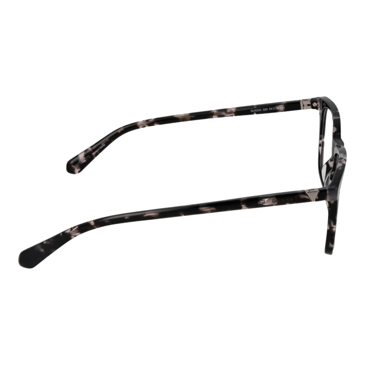 Black and white tortoiseshell full-rim rectangular eyeglasses with metal triangle temple detail, front three-quarter view