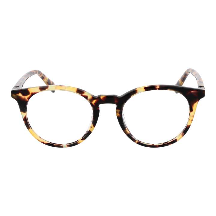 Tortoise shell patterned full-rim round eyeglasses for Women with patterned arms on white background