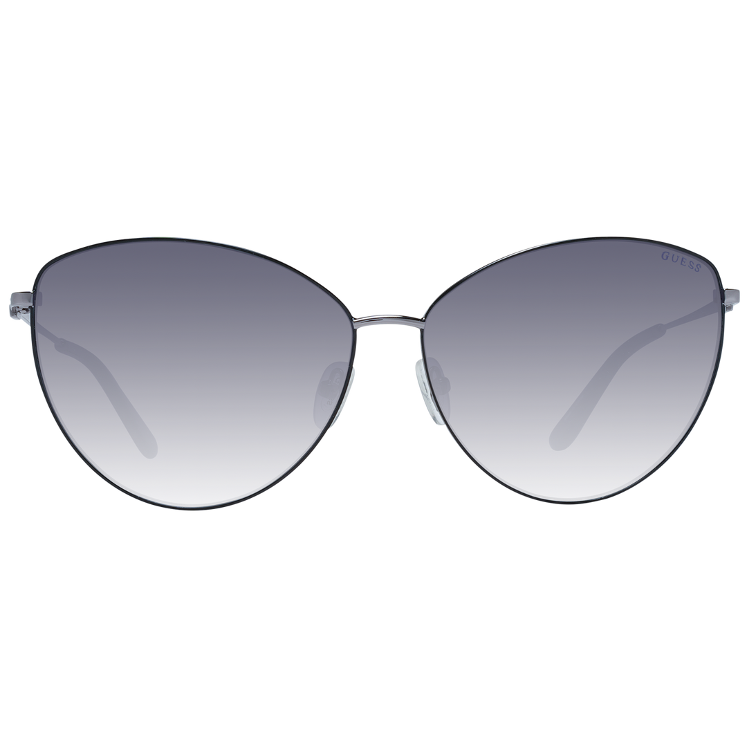 Gray gradient cat-eye sunglasses with thin metal frame and adjustable nose pads, angled view on white background