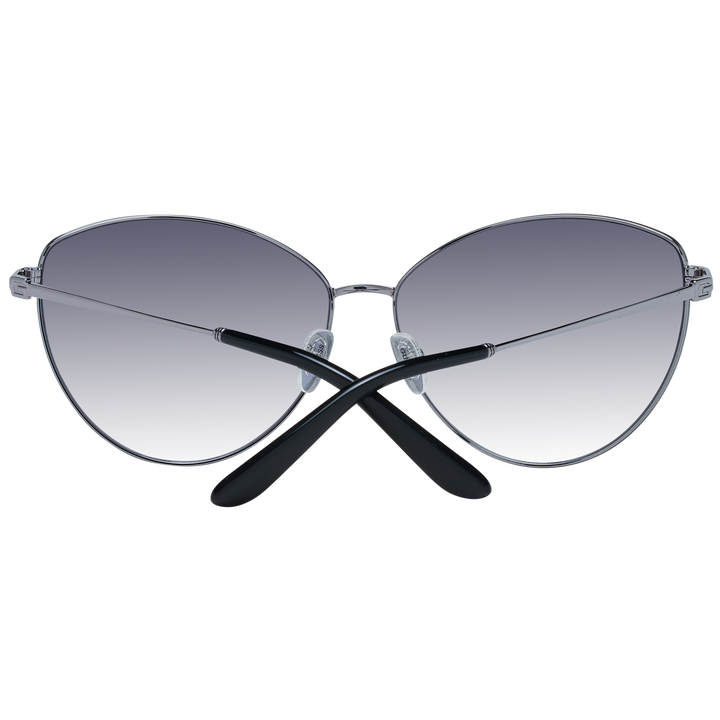 Gray gradient cat-eye sunglasses with thin metal frame and adjustable nose pads, angled view on white background