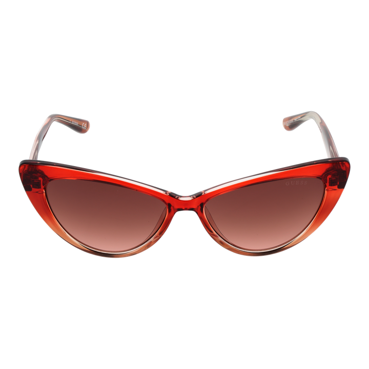Transparent red cat-eye sunglasses in plastic with gradient lenses shown at three-quarter angle
