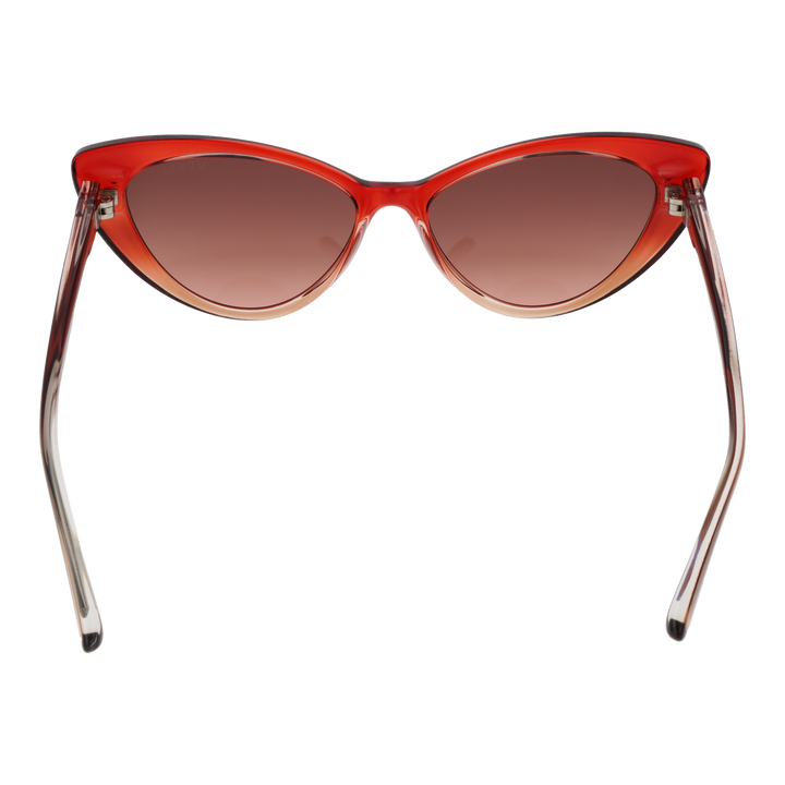 Transparent red cat-eye sunglasses in plastic with gradient lenses shown at three-quarter angle