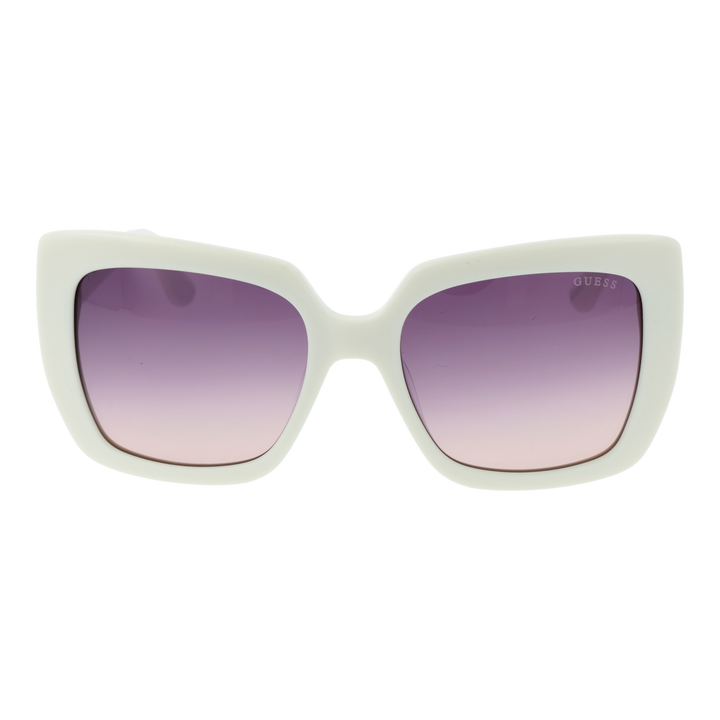 White plastic oversized sunglasses with pink-to-purple gradient square lenses and patterned temples with metal detail