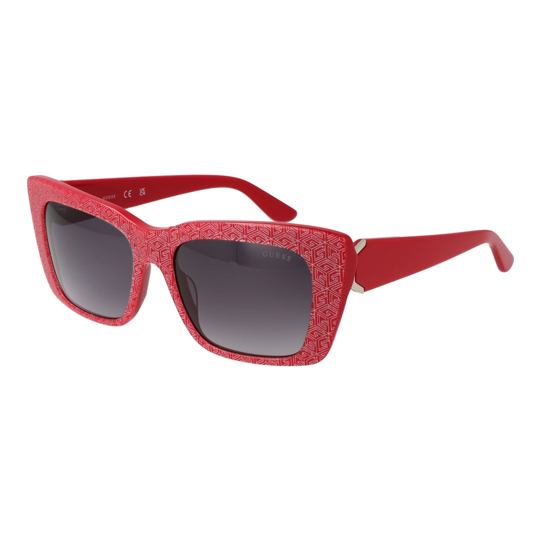 Red patterned square sunglasses in plastic with gradient lenses on neutral background, modern Women’s style