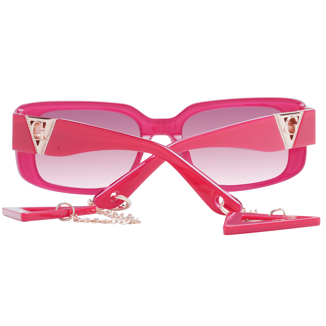 Pink square sunglasses with gradient lenses, chain on temples and logo emblem, plastic frame