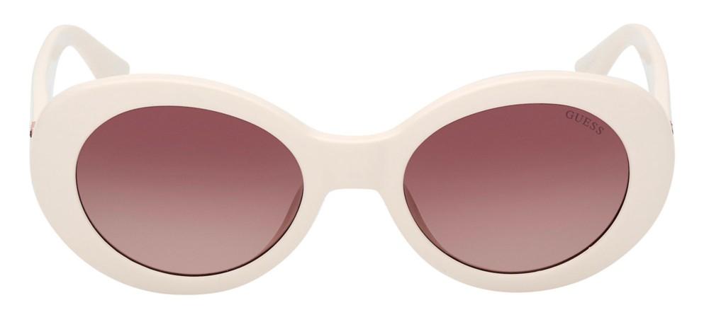 Off-white oval sunglasses with purple gradient lenses and decorative colored temples against neutral background