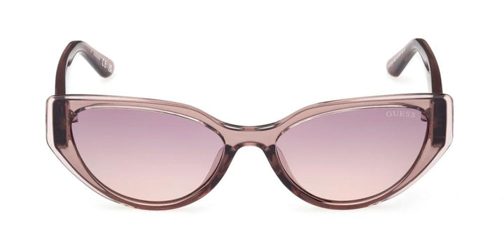 Pinkish purple cat-eye sunglasses in plastic frame with gradient lenses and logo temples