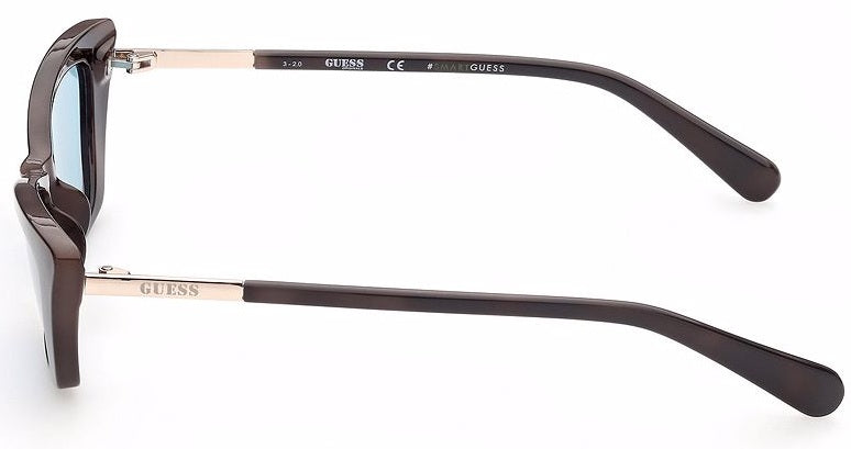 Black cat-eye sunglasses with light-blue lenses and gold accents, logo on lens and temples