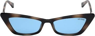 Black cat-eye sunglasses with light-blue lenses and gold accents, logo on lens and temples