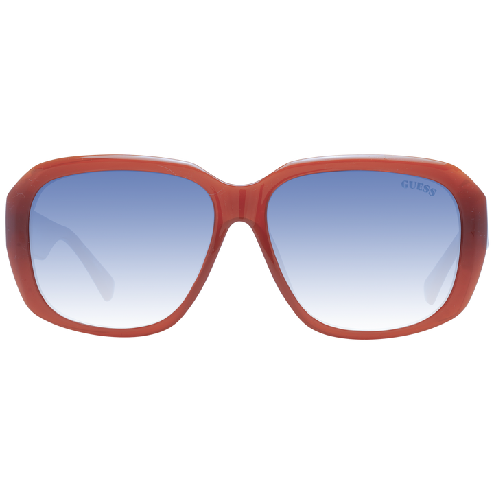 Brown plastic square sunglasses with blue gradient lenses and visible Guess logo on temple and lens