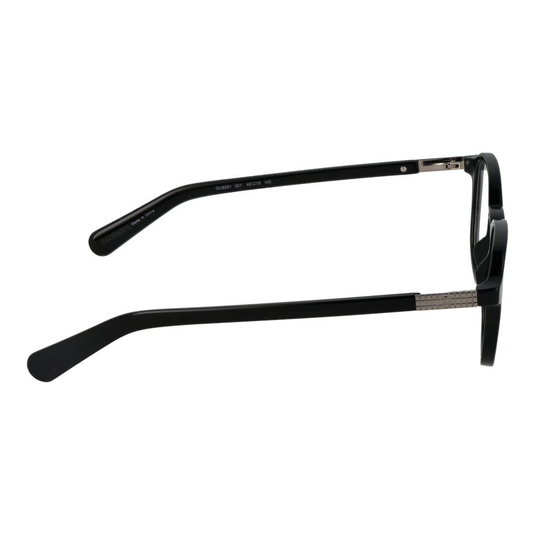 Unisex black round eyeglasses with plastic frame and metal-accent temples on white background