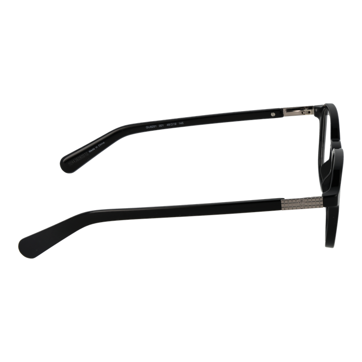 Unisex black round eyeglasses with plastic frame and metal-accent temples on white background