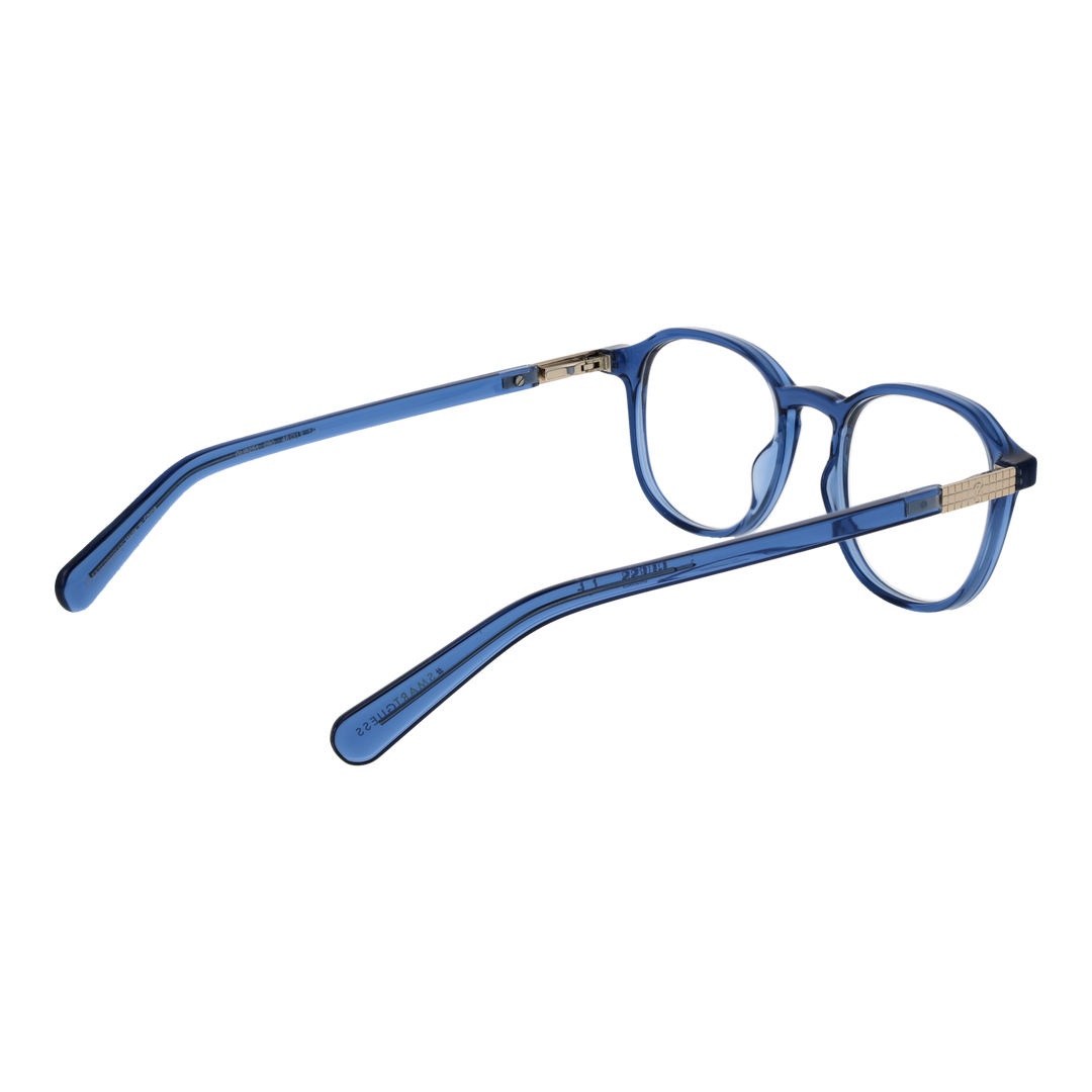 Unisex blue round plastic eyeglasses with gold decorative hinge detail, clear lenses, modern profile