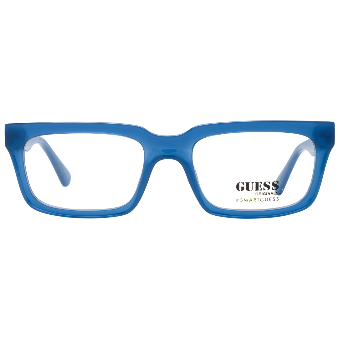 Unisex blue rectangular full-rim eyeglasses in thick plastic with metallic hinge detail, modern profile