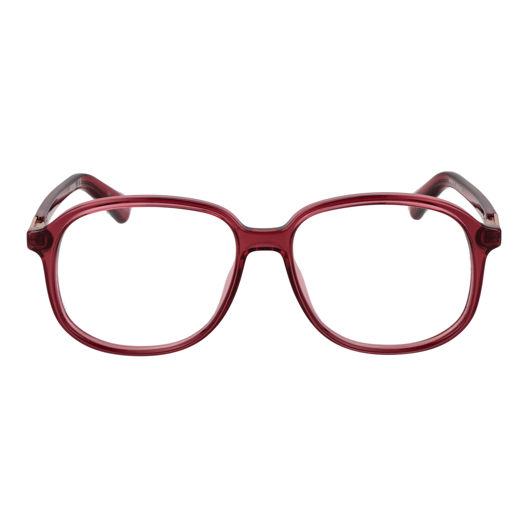 Dark red plastic square eyeglasses with transparent edges and gold hinge detail on temple