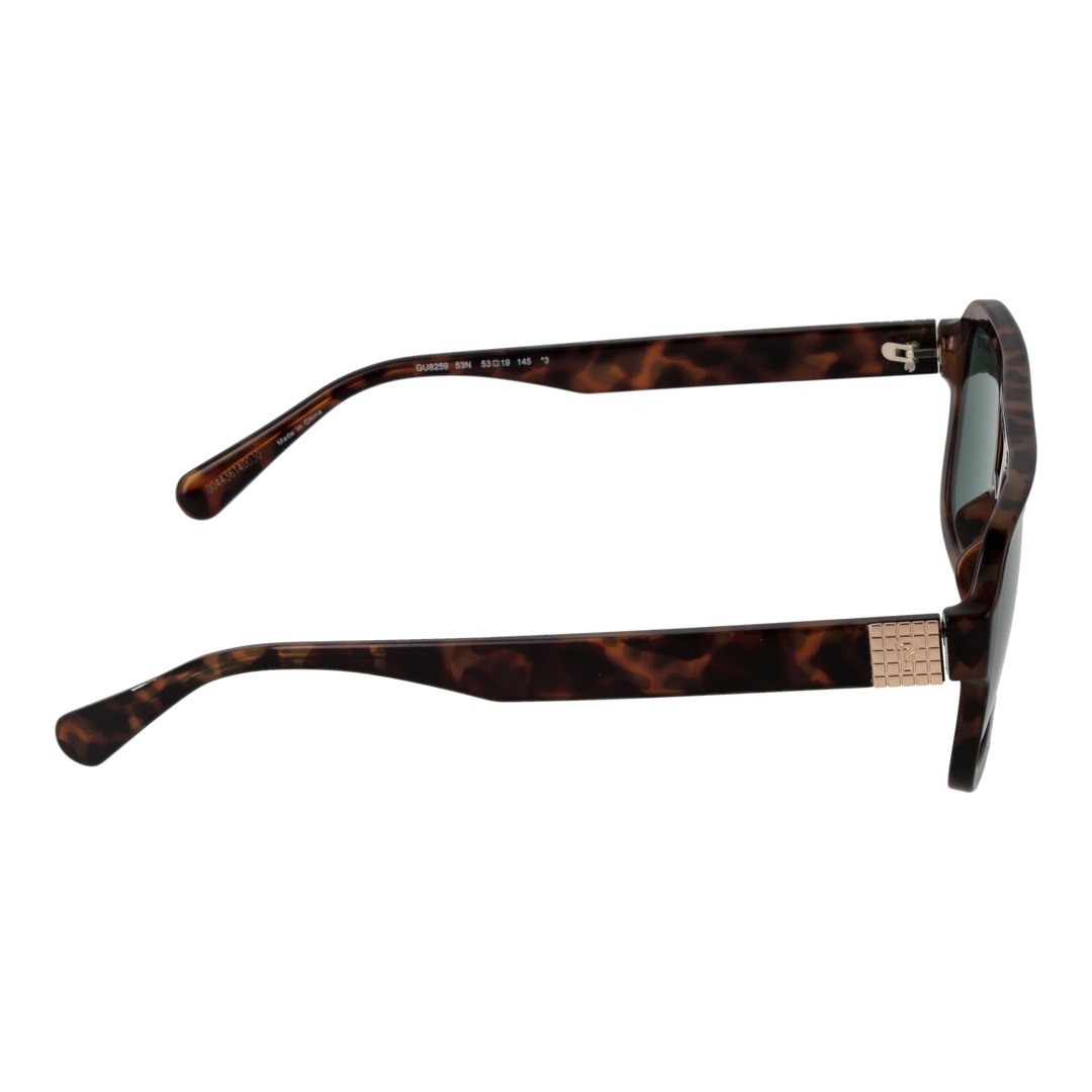 Unisex tortoiseshell square sunglasses with double bridge, gold temple accents and green lenses